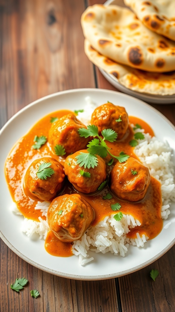 Spicy curry meatballs in sauce on rice with cilantro garnish, served with naan on a wooden table.